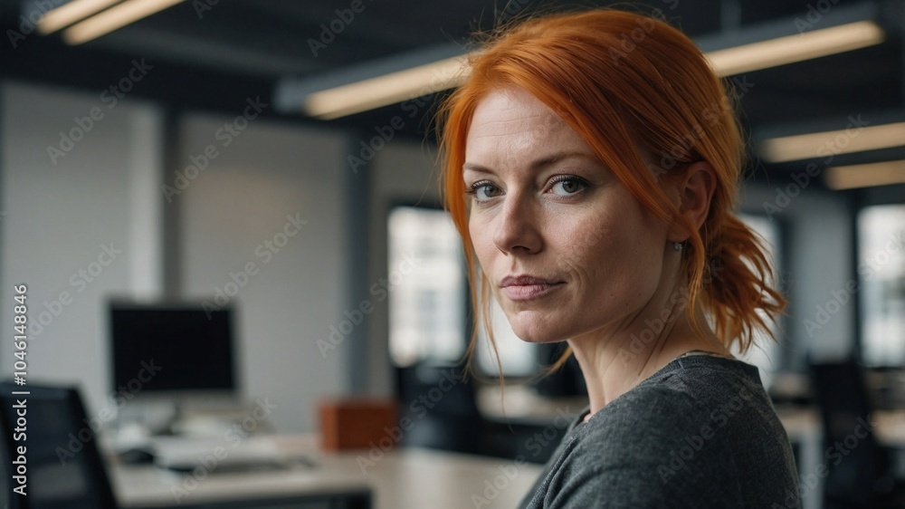 Close up cinematic portrait of orange haired woman in office, corporate businesswoman Close up cinematic portrait of orange haired woman in office, corporate businesswoman