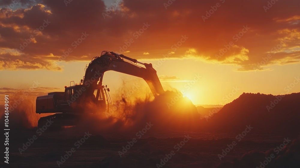 Dramatic sunset behind an excavator in motion at an industrial site Dramatic sunset behind an excavator in motion at an industrial site