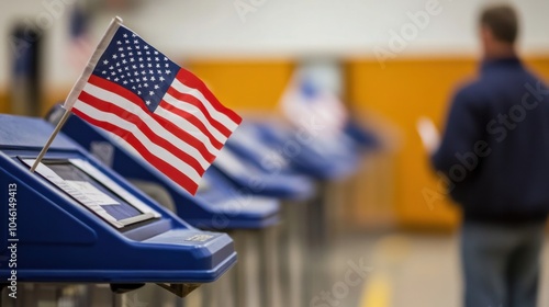 Early morning voting scene with a man holding the American flag at a polling station