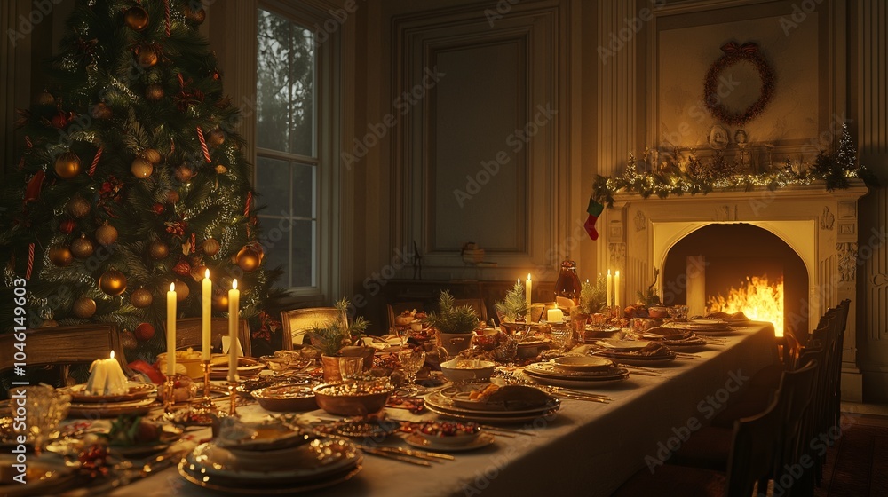 An elegant dining room set for a Christmas Eve feast, with a long table covered in festive decorations, candles, and holiday dishes. An elegant dining room set for a Christmas Eve feast, with a long table covered in festive decorations, candles, and holiday dishes.