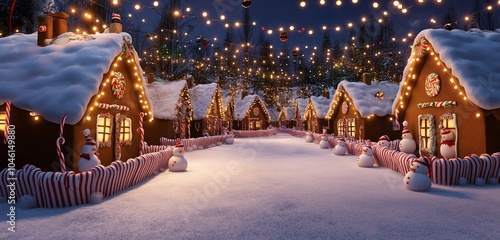 An enchanted Christmas scene of a gingerbread town, with snow-covered rooftops made of powdered sugar. 