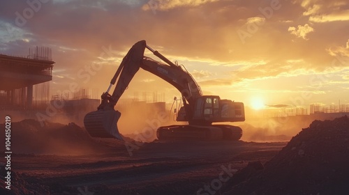 Excavator working at a construction site, surrounded by dust and sunset hues