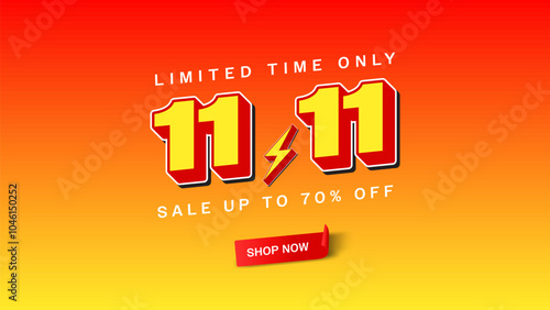 11.11 Flash Sale shopping banner with Red Ribbon Label Sticker curl,3D Minimal long shadow text with thunder icon, gradient background for Flash Sales campaign,special offers use to your Store website