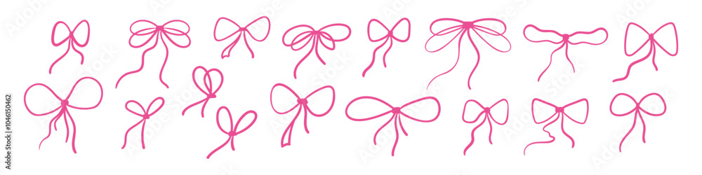 Pink bow with ribbon and lace, cute coquette and girly style. Vintage tie and band Y2K inspired. Flat vector illustration isolated on white background. Pink bow with ribbon and lace, cute coquette and girly style. Vintage tie and band Y2K inspired. Flat vector illustration isolated on white background.