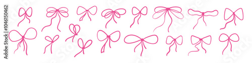 Pink bow with ribbon and lace, cute coquette and girly style. Vintage tie and band Y2K inspired. Flat vector illustration isolated on white background.