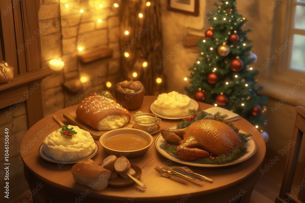 Obraz premium An intimate Christmas dinner scene featuring a small, round table set with homemade Christmas dishes like roast chicken, gravy, mashed potatoes, and a loaf of freshly baked bread. 