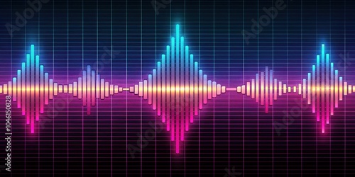 A vibrant and colorful sound wave visualization with a glowing neon effect on a dark grid background.