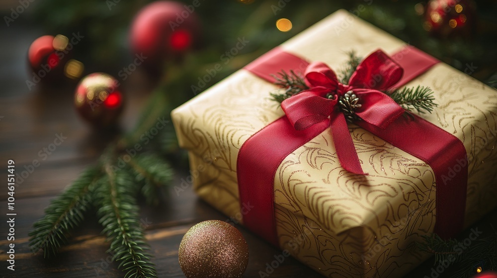 A beautifully packaged Christmas gift box, adorned with gold and vibrant red ribbons, adorned with pine branches and holiday decorations, evoking warmth and joy during the holiday season A beautifully packaged Christmas gift box, adorned with gold and vibrant red ribbons, adorned with pine branches and holiday decorations, evoking warmth and joy during the holiday season