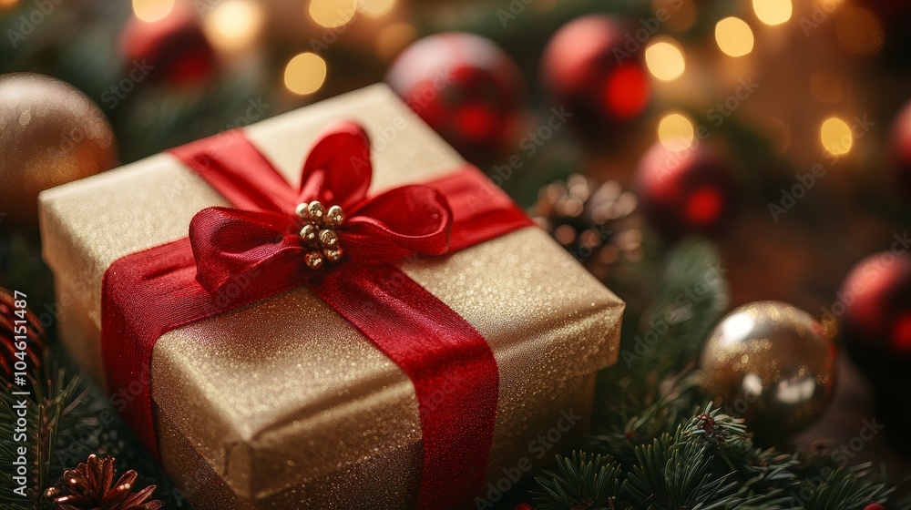 A beautifully packaged Christmas gift box, adorned with gold and vibrant red ribbons, adorned with pine branches and holiday decorations, evoking warmth and joy during the holiday season A beautifully packaged Christmas gift box, adorned with gold and vibrant red ribbons, adorned with pine branches and holiday decorations, evoking warmth and joy during the holiday season