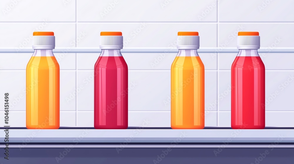 Juice production line flat design, front view, health theme, animation, colored pastel Juice production line flat design, front view, health theme, animation, colored pastel
