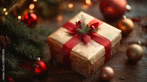 A beautifully packaged Christmas gift box, adorned with gold and vibrant red ribbons, adorned with pine branches and holiday decorations, evoking warmth and joy during the holiday season