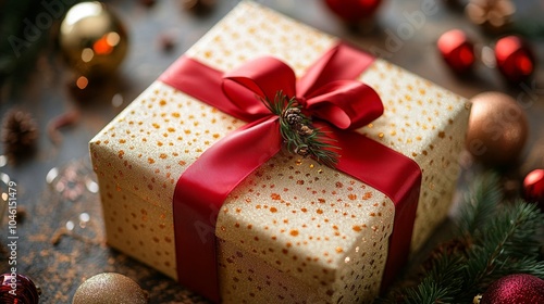 A beautifully packaged Christmas gift box, adorned with gold and vibrant red ribbons, adorned with pine branches and holiday decorations, evoking warmth and joy during the holiday season