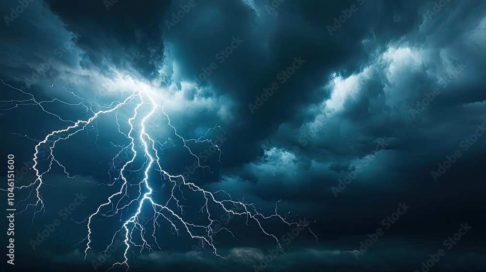 Lightning strikes illuminate a dark, stormy sky filled with ominous clouds. Lightning strikes illuminate a dark, stormy sky filled with ominous clouds.