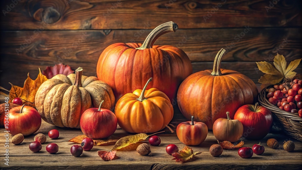 Still life with pumpkins, red apples, hazelnuts in autumn vintage style Still life with pumpkins, red apples, hazelnuts in autumn vintage style