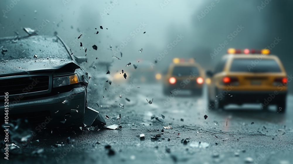 multi car pileup on foggy highway creates chaotic scene with twisted metal and debris scattered across road. atmosphere is tense and somber, highlighting dangers of driving in poor visibility multi car pileup on foggy highway creates chaotic scene with twisted metal and debris scattered across road. atmosphere is tense and somber, highlighting dangers of driving in poor visibility