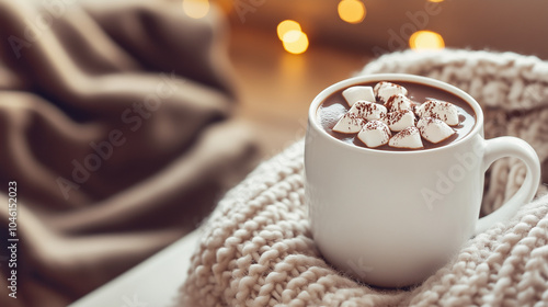 Cozy home ideas concept,comforting cup of hot chocolate topped with marshmallows sits atop a thick knit blanket surrounded by soft,warm lights,perfect for a chilly evening,copy space