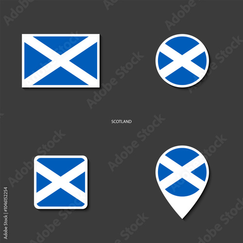 Scotland flag icon set in different shape (rectangle, circle, square and marker icon) on dark grey background. Scotland sticker icon collection on barely dark background	
