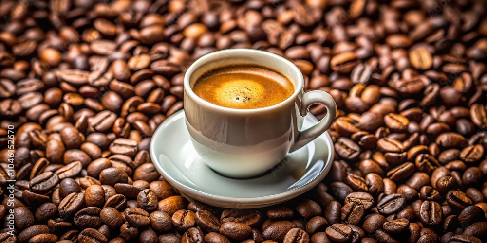 Fototapeta premium A cup of espresso resting on a bed of roasted coffee beans, waiting for the perfect moment to be savored