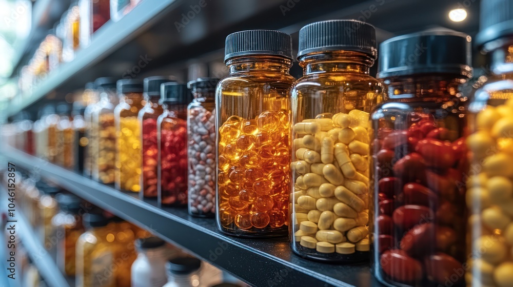 A row of pharmaceutical bottles with clear labels, neatly arranged on a pharmacy shelf. A row of pharmaceutical bottles with clear labels, neatly arranged on a pharmacy shelf.