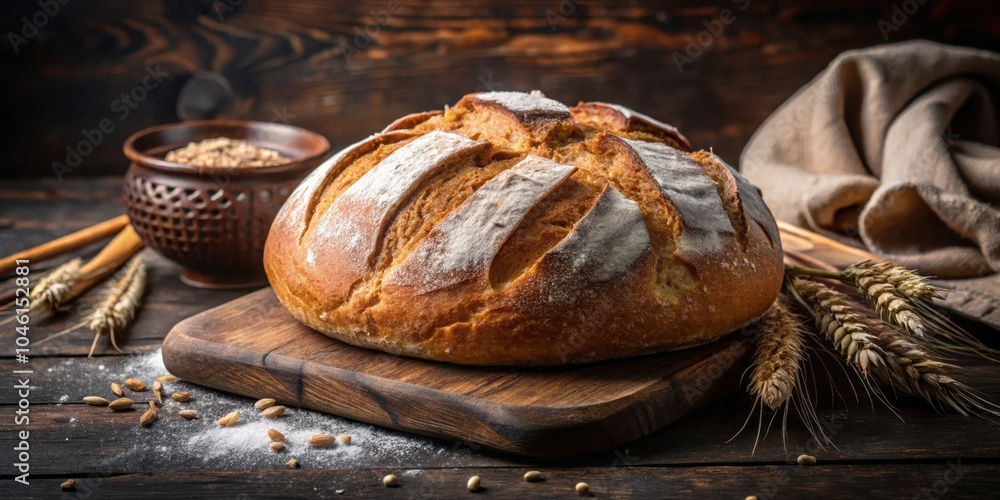 A Freshly Baked Loaf of Bread on a Rustic Wooden Cutting Board, Surrounded by Wheat Stalks and a Scattering of Flour A Freshly Baked Loaf of Bread on a Rustic Wooden Cutting Board, Surrounded by Wheat Stalks and a Scattering of Flour