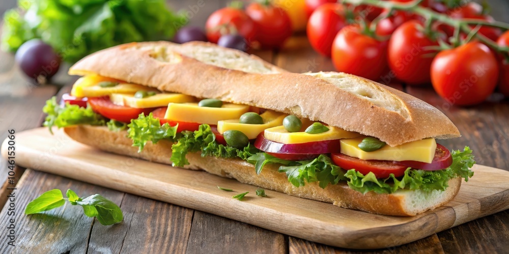 A freshly made sandwich filled with cheese, tomato, onion, and capers, resting on a wooden cutting board A freshly made sandwich filled with cheese, tomato, onion, and capers, resting on a wooden cutting board