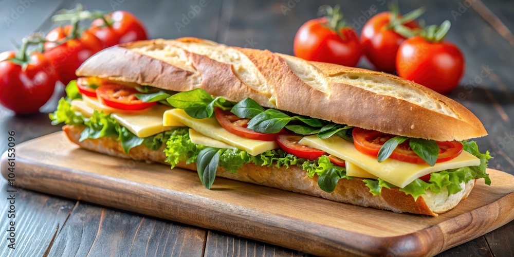 A fresh baguette sandwich filled with sliced cheese, tomatoes, and leafy greens rests on a wooden cutting board. A fresh baguette sandwich filled with sliced cheese, tomatoes, and leafy greens rests on a wooden cutting board.