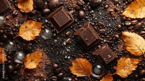 Top view showing semi frozen chocolate chunks, scattered coffee beans, black bubble tea bubbles, and yellow autumn leaves. Multiple textures create an autumn atmosphere of food and nature. photo