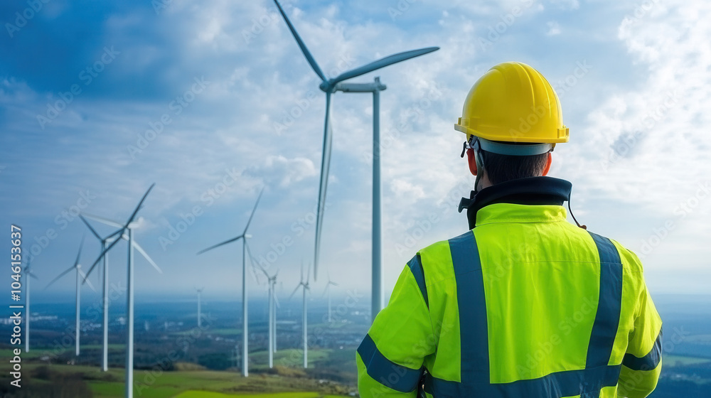 technician in safety gear observes field of wind turbines, showcasing renewable energy and environmental sustainability. scene reflects commitment to clean energy solutions technician in safety gear observes field of wind turbines, showcasing renewable energy and environmental sustainability. scene reflects commitment to clean energy solutions