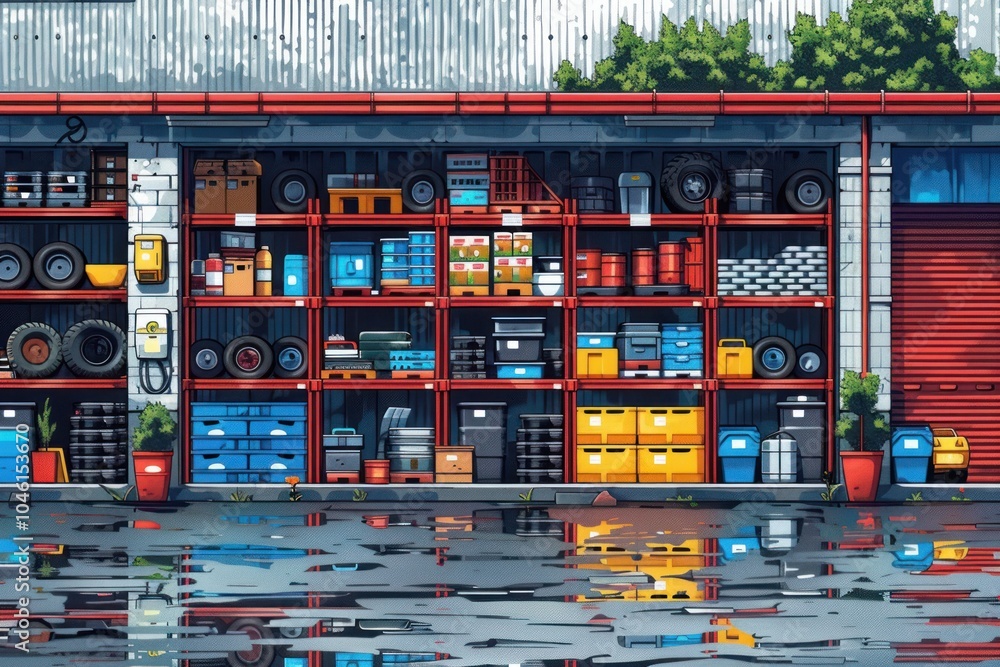 A row of red metal shelving units are stacked high with a variety of items including tires, bins, tools, and other equipment. A puddle of water reflects the shelves. A row of red metal shelving units are stacked high with a variety of items including tires, bins, tools, and other equipment. A puddle of water reflects the shelves.