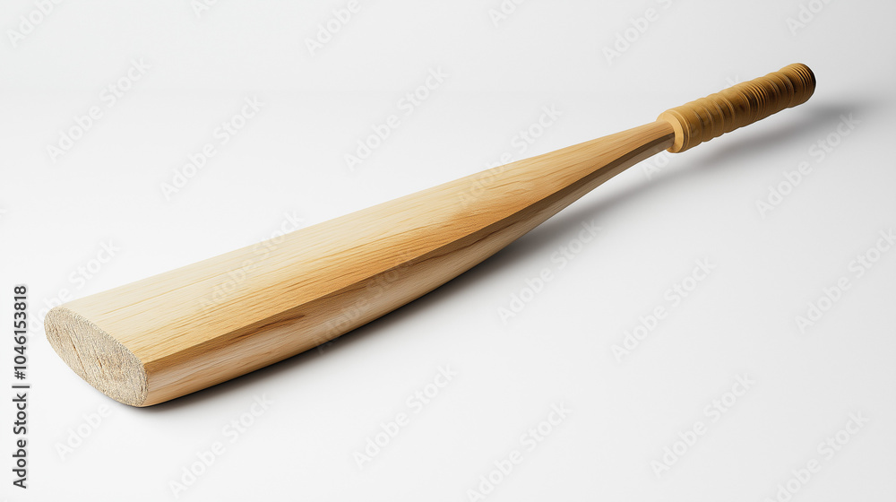 A wooden cricket bat with a brown grip lies on a white background,copy space A wooden cricket bat with a brown grip lies on a white background,copy space