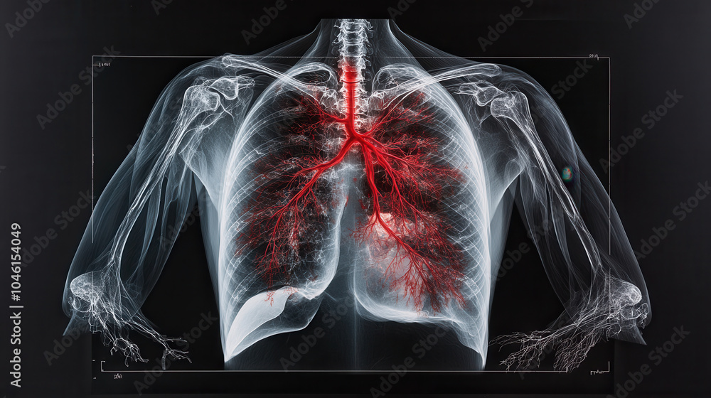 X ray of chest anatomy showing detailed vascular structures in red ...