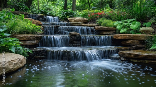 A serene backyard waterfall surrounded by Feng Shui elements of wood, stone, and plants.