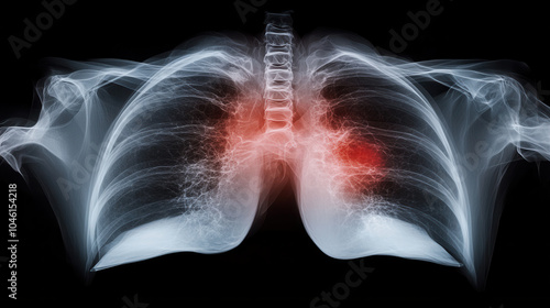 X ray of chest anatomy showing detailed lung structure with highlighted areas indicating potential issues. This provides clear view of respiratory system photo