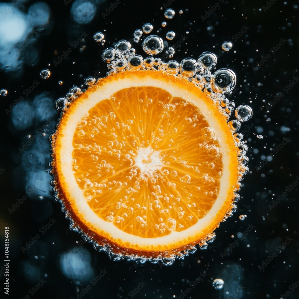 A single orange slice floating in water with bubbles surrounding it, capturing the effervescent freshness and zesty aroma A single orange slice floating in water with bubbles surrounding it, capturing the effervescent freshness and zesty aroma