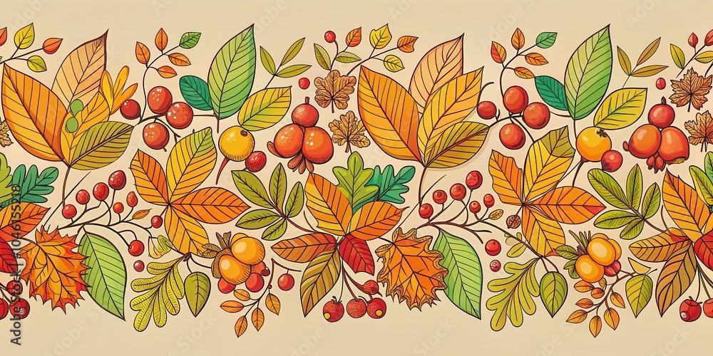 A Seamless Pattern of Vibrant Fall Foliage and Delicate Berries, Evoking the Beauty of Autumn's Colors A Seamless Pattern of Vibrant Fall Foliage and Delicate Berries, Evoking the Beauty of Autumn's Colors