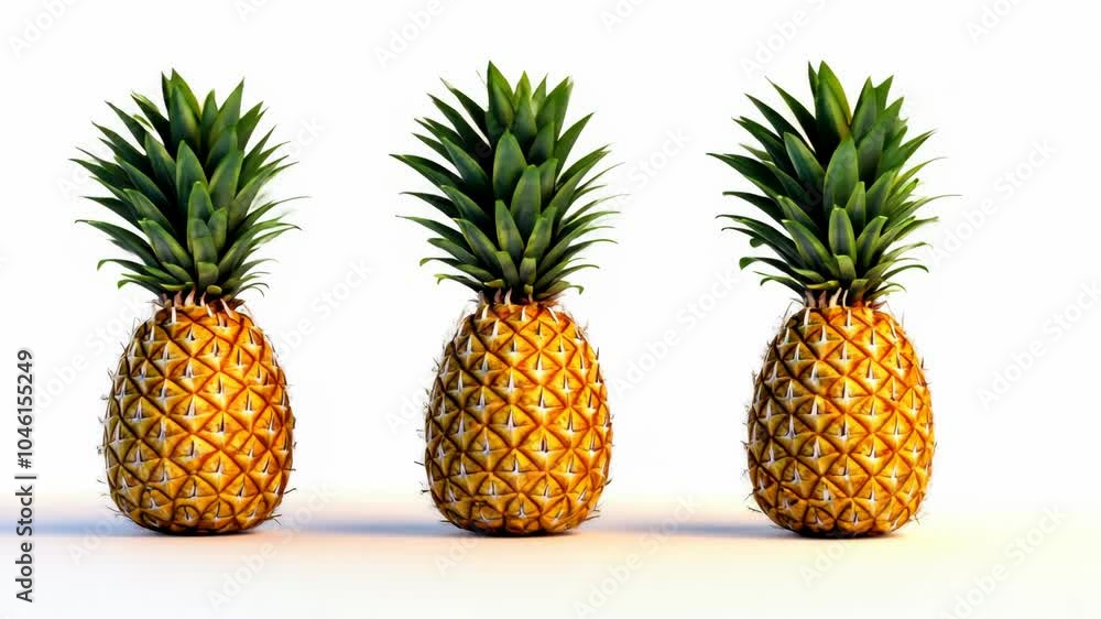 Three ripe pineapples are arranged in a row on a white surface Three ripe pineapples are arranged in a row on a white surface