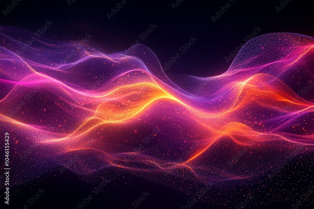 Abstract wavy glowing lines of pink, orange, and purple colors on a dark background. Abstract wavy glowing lines of pink, orange, and purple colors on a dark background.