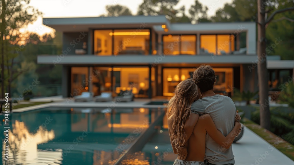 Young couple hugging in front of their modern house looking at landscape with green trees and lawn Young couple hugging in front of their modern house looking at landscape with green trees and lawn