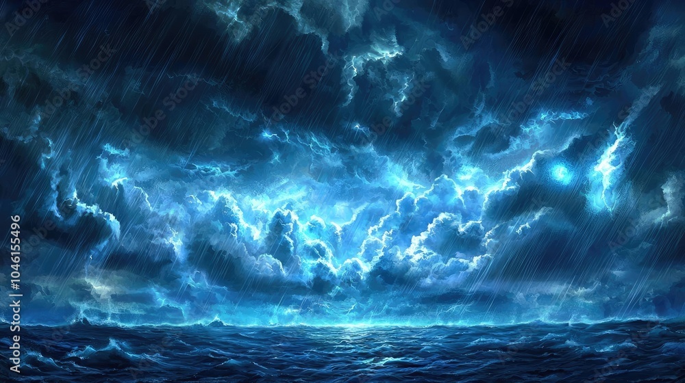 Fototapeta premium Dramatic storm clouds over a turbulent ocean, showcasing nature's power and beauty.