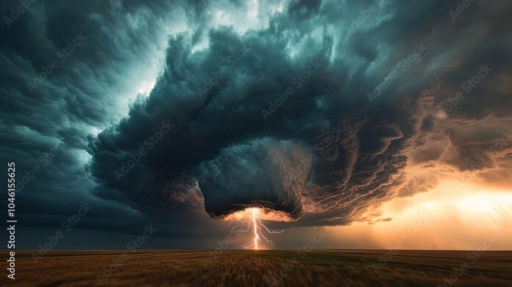 Fototapeta premium Dramatic storm clouds with lightning during sunset over an open landscape.