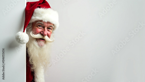 Santa Claus Peeking from Behind the Corner on a Solid White Background, Christmas Cheerful Scene