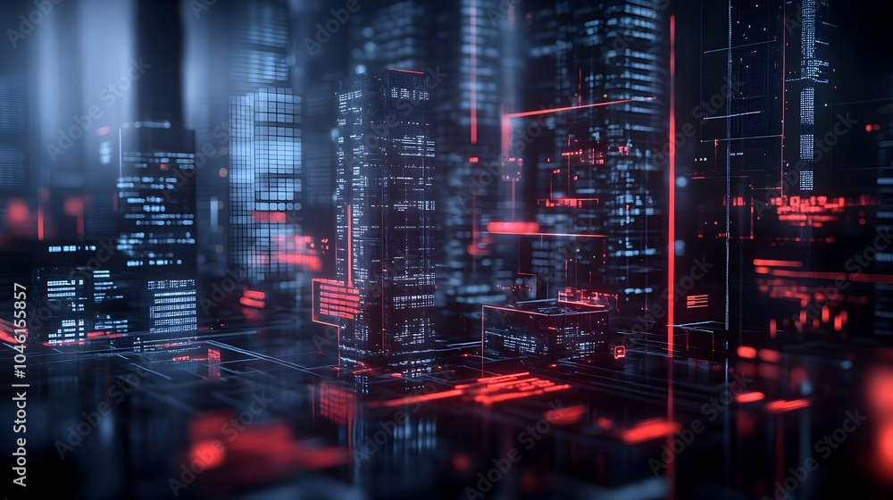 Fototapeta premium Futuristic skyline of a modern high tech city at night with glowing skyscrapers neon lights and a dramatic cyberpunk inspired atmosphere