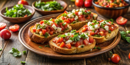 Bruschetta with a Fresh Tomato and Herb Topping, Topped with a Creamy Dressing, Served on a Rustic Wooden Table