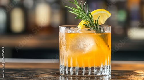 A vibrant cocktail garnished with a sprig of rosemary and a lemon wedge, condensation on the glass, set on a rustic bar counter photo