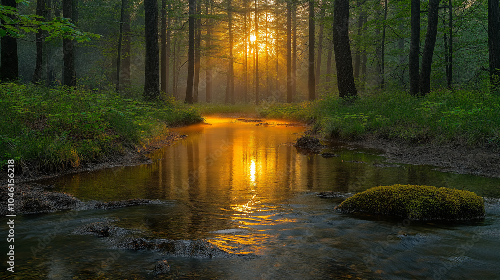 Obraz premium A serene landscape featuring a misty forest at dawn, with sunlight filtering through the trees and illuminating a tranquil river meandering through the scene.
