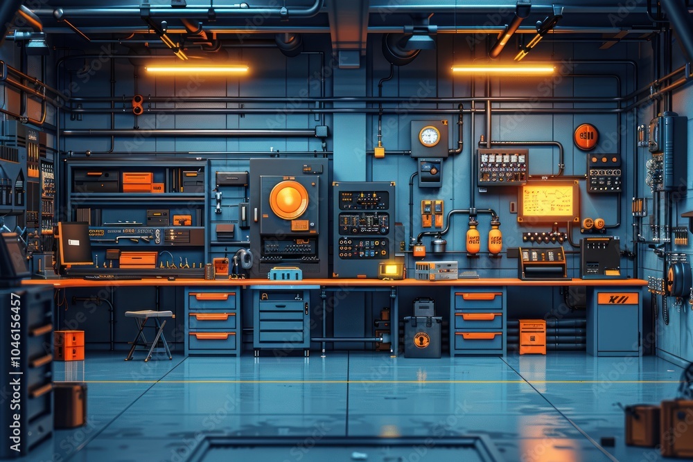 A futuristic laboratory with blue and orange accents, featuring various scientific equipment, electrical panels, and a computer monitor displaying data. A futuristic laboratory with blue and orange accents, featuring various scientific equipment, electrical panels, and a computer monitor displaying data.