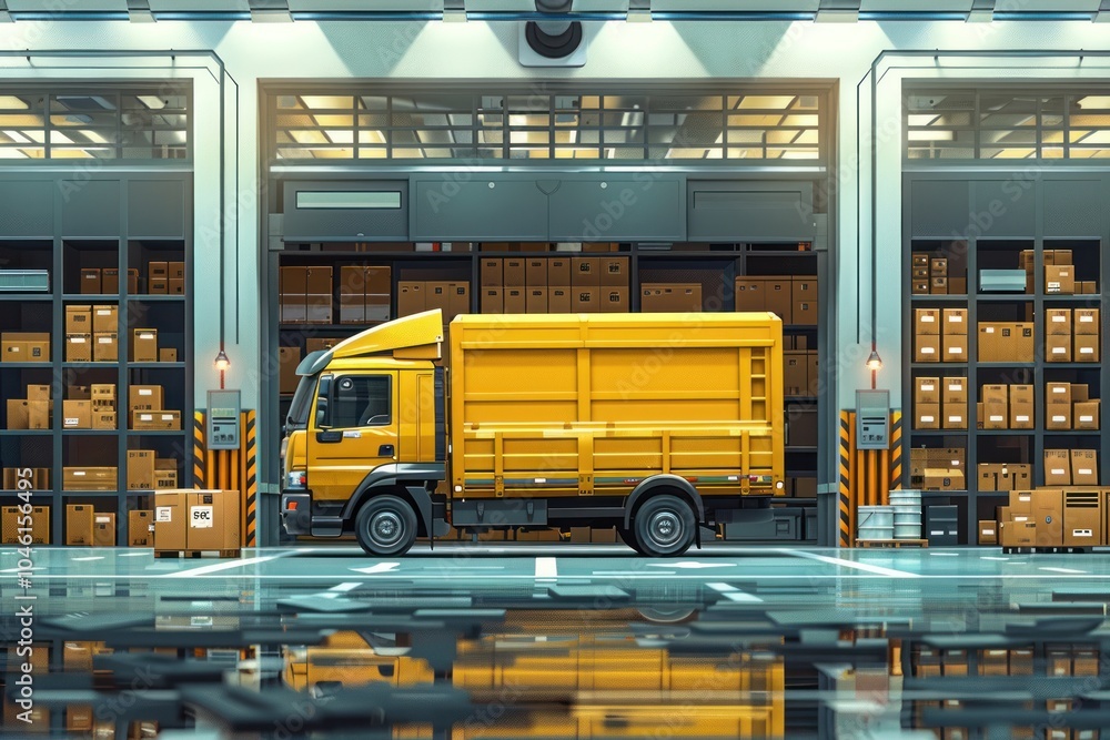 A yellow delivery truck is parked in front of a warehouse, with shelves full of boxes. A yellow delivery truck is parked in front of a warehouse, with shelves full of boxes.