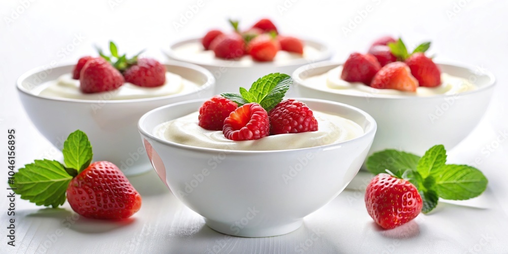 White bowls filled with yogurt, strawberries, raspberries, on white background White bowls filled with yogurt, strawberries, raspberries, on white background