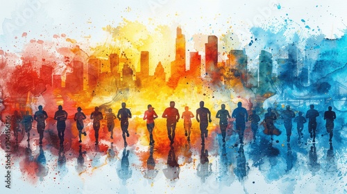 Vibrant Vector Illustration of People Running with City Skyline