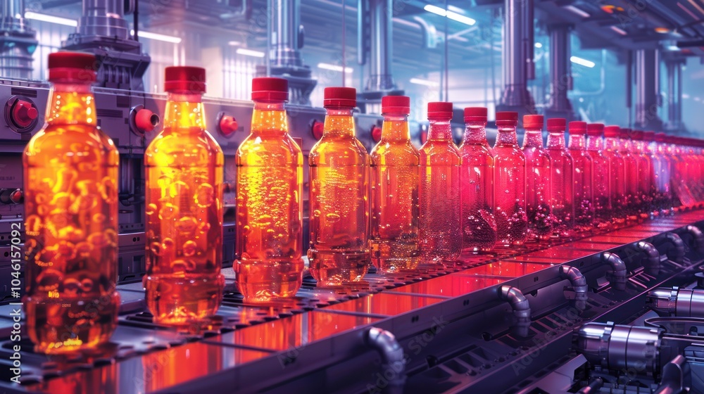 A conveyor belt carrying rows of plastic bottles filled with a clear orange and red liquid in a futuristic production facility. A conveyor belt carrying rows of plastic bottles filled with a clear orange and red liquid in a futuristic production facility.